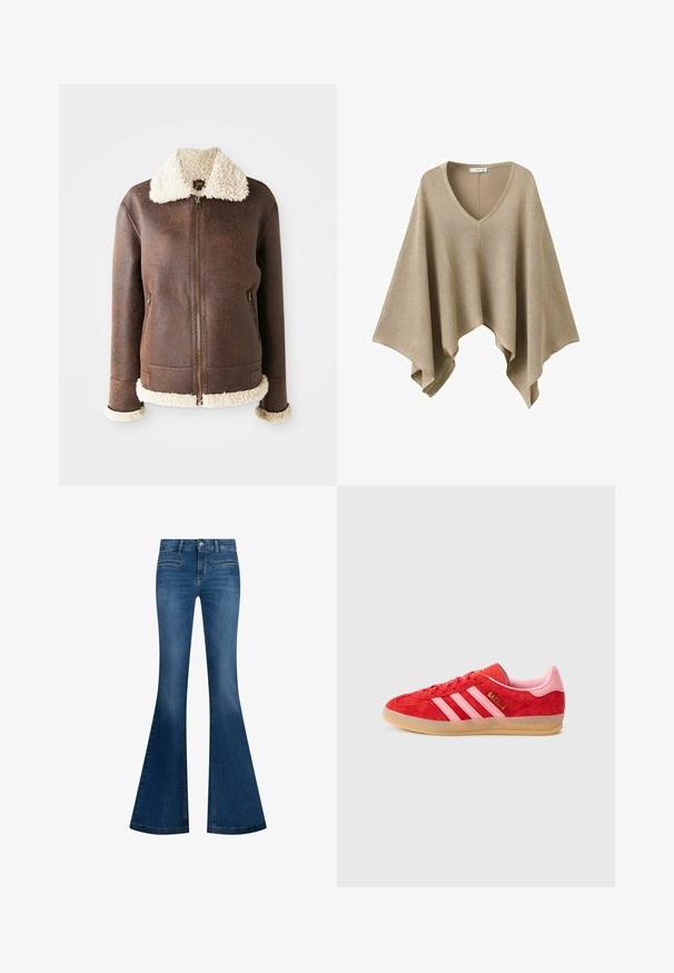 Bruine lederen jas met een romige shearlingschouder en -manchetten. Voorzien van een frontale rits en twee zijzakken. Versleten textuur overal.; Beige gebreide poncho met een V-hals en brede, gedrapeerde zijkanten die een asymmetrische zoom creëren.; Blauwe jeans met hoge taille en uitlopende pijpen, voorzien van een voorrits, knoopsluiting en twee horizontale voorzakken, afgebeeld op een witte achtergrond.; Rode suède sneaker met roze accenten en drie witte strepen; zool van gumrubber; geborduurde tekst aan de zijkant en op de hiel. Klassiek atletisch ontwerp.