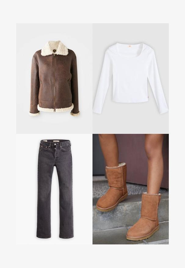 Bruine lederen jas met een romige shearlingschouder en -manchetten. Voorzien van een frontale rits en twee zijzakken. Versleten textuur overal.; Witte longsleeve t-shirt van geribbelde stof, met een vierkante halslijn en een aansluitend model, voorzien van een klein logotag aan de zijkant.; Zwarte spijkerbroek van denim met een rechte snit, voorzien van een knoopsluiting, koperen klinknagels en subtiele vervaging. Klassiek vijfzakkenontwerp.; Bruine suède enkellaarsjes met een ronde neus, zachte voering en een rubberen zool, met zichtbaar stiksel langs de naden.