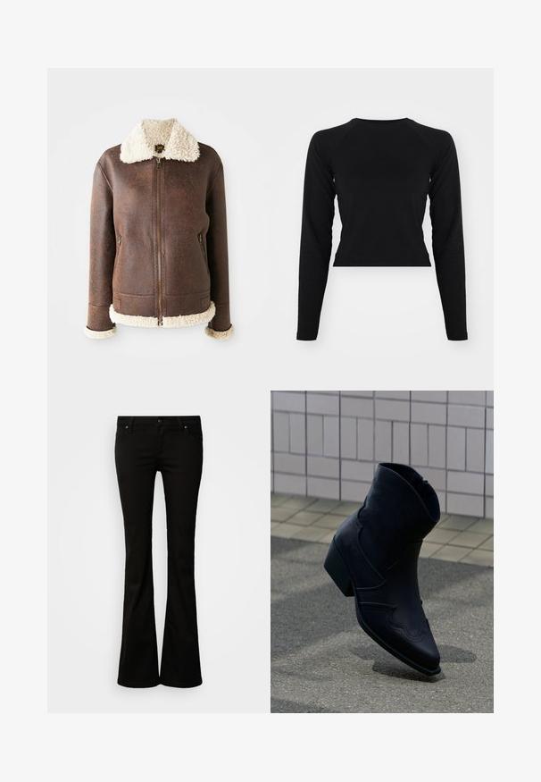 Ruskea nahkatakki, jossa on kreeminvärinen karvakaulus ja -hihansuut. Varustettu etuvetoketjulla ja kahdella sivutaskulla. Kankaan pintastruktuuri on kulunut.; Musta pitkähihainen crop-top, jossa on pyöreä pääntie ja raglanhihat. Sujuva pinta, minimalistinen muotoilu sekä ei näkyviä kuvioita tai varusteita.; Musta naisten bootcut-housut, joissa on nappi- ja vetoketjusulku, vyölenkit sekä edessä ja takana taskut, valkoista taustaa vasten.; Musta nahkainen nilkkuri, jossa matala korko, koristeompeleet ja terävä kärki, pystyssä asetettuna päällystetylle pinnalle laatoitetun seinän viereen.