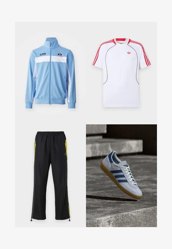 Hellblaues Trainingsjackett mit weißen horizontalen Streifen, Reißverschluss vorne, hohem Kragen, Seitentaschen und gesticktem Logo auf der Brust. Glatte Stofftextur.; Weißes Sportshirt mit kurzen Ärmeln, roten Streifen auf Schultern und Ärmeln, schwarzer Paspelierung vorne und rotem Adidas-Trefoil-Logo auf der Brust.; Schwarze Sporthosen mit gelben Seitenakzenten, elastischem Bund und mit Reißverschlüssen versehenen Seitentaschen. Hergestellt aus leichtem, glattem Stoff.; Hellblauer Adidas Spezial Sneaker mit dunkelblauen Streifen und Gummisohle, in der Luft über Betontreppen in neutralem Außenbereich gezeigt.