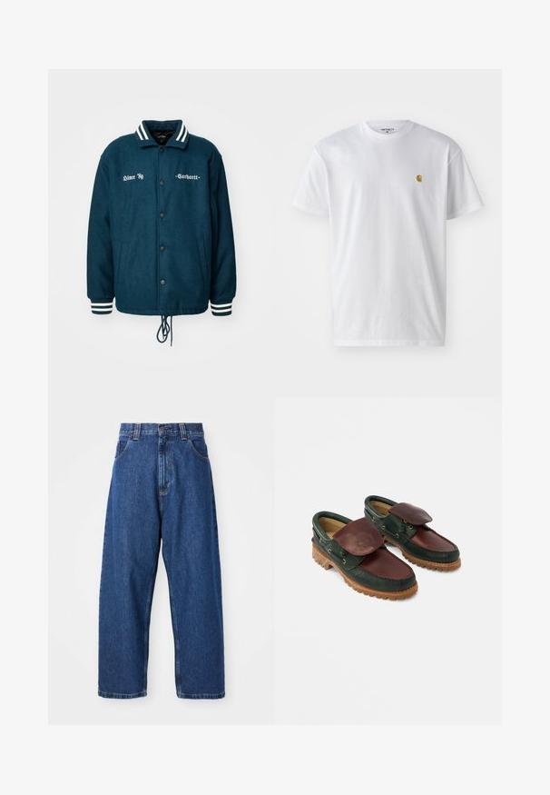 Chaqueta de lana verde oscuro con collar y puños de rayas blancas, cierre de botones, dos bolsillos laterales y bordado de texto en el frontal.; Camiseta de algodón blanca con mangas cortas, cuello redondo, que presenta un pequeño logo dorado en la parte izquierda del pecho. Textura suave y corte regular.; Jeans de pierna ancha de denim en azul oscuro. Presentan una cintura alta, trabillas para cinturón y un diseño clásico de cinco bolsillos. Bajo cosido con un acabado limpio.; Zapatos de cuero con cuerpo verde oscuro, parte superior burdeos, puntera redonda, solapa asegurada y suela de caucho texturizada con crestas.