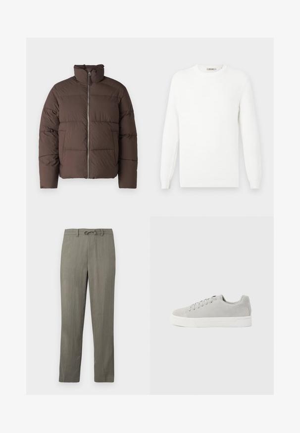 Brun pufferjakke med høj krave, frontlynlås og quiltet tekstur. Har to sidelommer og en let cropped form.; Hvid strikket sweater med rund halsudskæring og ribbede ærmeender. Teksturen har en subtil mønstring med horisontale striber.; Herre lys grå, linnedblandede bukser med snor i taljen, lige ben og diskret struktur; har standardlommer og ingen særlige mønstre.; Lysegrå ruskind lavtop sneaker med hvid gummisål og matchende grå snørebånd, vist fra siden mod en ensfarvet baggrund.