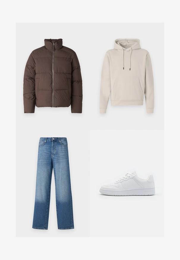 Bruine pufferjack met een hoge kraag, voorrits en een gequiltde textuur. Heeft twee zijzakken en een licht cropped vorm.; Hoodie in lichtbeige, met een voorzak, trekkoorden en geribbelde manchetten. Gemaakt van zacht, glad materiaal met een losse pasvorm.; Blauwe high-waisted straight-leg jeans met vervagingen op de dijen en donkerdere schaduwen nabij de zoom, met zichtbare knoop en zakken aan de voorkant.; Witte sneakers van glad synthetisch materiaal, met platte veters, geperforeerde neus en een rubberen zool met een gestructureerd grippatroon.