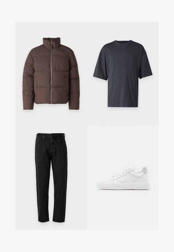 Chaqueta acolchada marrón con un cuello alto, cierre delantero y textura acolchada. Cuenta con dos bolsillos laterales y una forma ligeramente recortada.; Camiseta de manga corta en gris oscuro, hecha de algodón ligero, con un corte holgado y un cuello redondo clásico, con textura lisa y sin patrones.; Jeans de mezclilla negra con diseño de pierna recta, cinco bolsillos y cierre de botón de metal. El material tiene una textura suave con un desvanecimiento mínimo.; Zapatillas de cuero blanca con un acabado suave, punta redondeada, cordones planos y una suela texturada. Acento de ante gris en el talón.