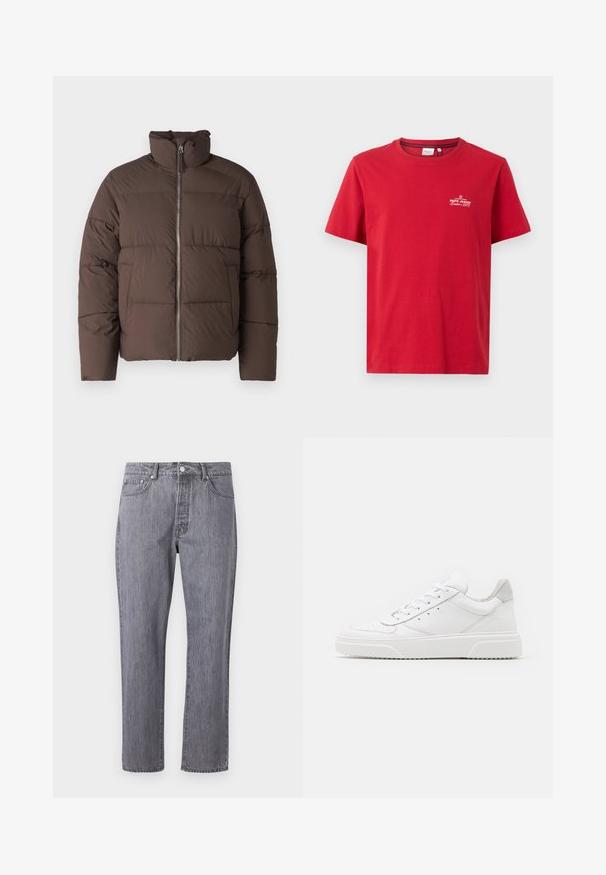 Brun pufferjakke med høj krave, frontlynlås og quiltet tekstur. Har to sidelommer og en let cropped form.; Pepe Jeans THIAGO TEE - T-shirts print - rugby red; Grå denim jeans med lige ben-design, fem lommer, knaplukning og subtil whiskering-effekt på stofstrukturen.; Hvide lædersneakers med en glat finish, rund tå, flade snørebånd og en struktureret sål. Grå ruskindsdetalje ved hælen.
