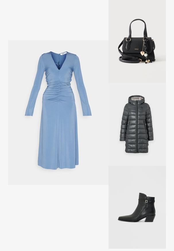 Grijze pufferjas met een capuchon, voorzien van een rits aan de voorkant, zijzakken en een gewatteerd ontwerp. Het materiaal heeft een glanzende afwerking.; DAY Birger et Mikkelsen STEFANI DELICATE STRETCH - Jerseyjurk - cornflower blue; Zwarte leren enkelboots met een puntige neus, een lage blokhak en een decoratieve band met een zilveren gespaccent. Glad oppervlak.; Zwarte leren Hugo-handtas met twee handvatten, een afneembare schouderband en een decoratief zwart-wit koord met gouden hartbedel.