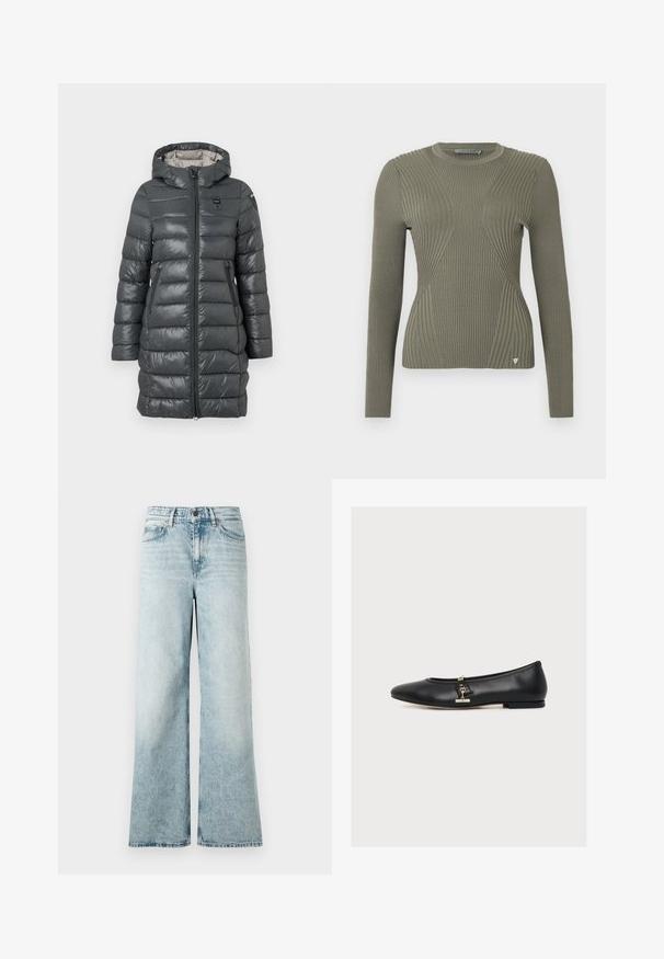 Grauer Puffer-Mantel mit Kapuze, ausgestattet mit einem Reißverschluss vorne, Seitentaschen und gestepptem Design. Das Material hat eine glänzende Oberfläche.; Olivgrüner, gerippter Strickpullover mit langen Ärmeln, der strukturierte Einsätze und ein kleines Logo-Detail am Saum aufweist. Rundhalsausschnitt.; Hellblaue weit geschnittene Jeans aus Denim, mit hoher Taille, cropped Saum und einer weichen Textur sowie ausgewaschenen Details.; Schwarze Leder-Ballerina mit einer kleinen goldenen Schnalle an der Seite, niedrigem Absatz und abgerundeter Spitze, im Profil auf weißem Hintergrund dargestellt.