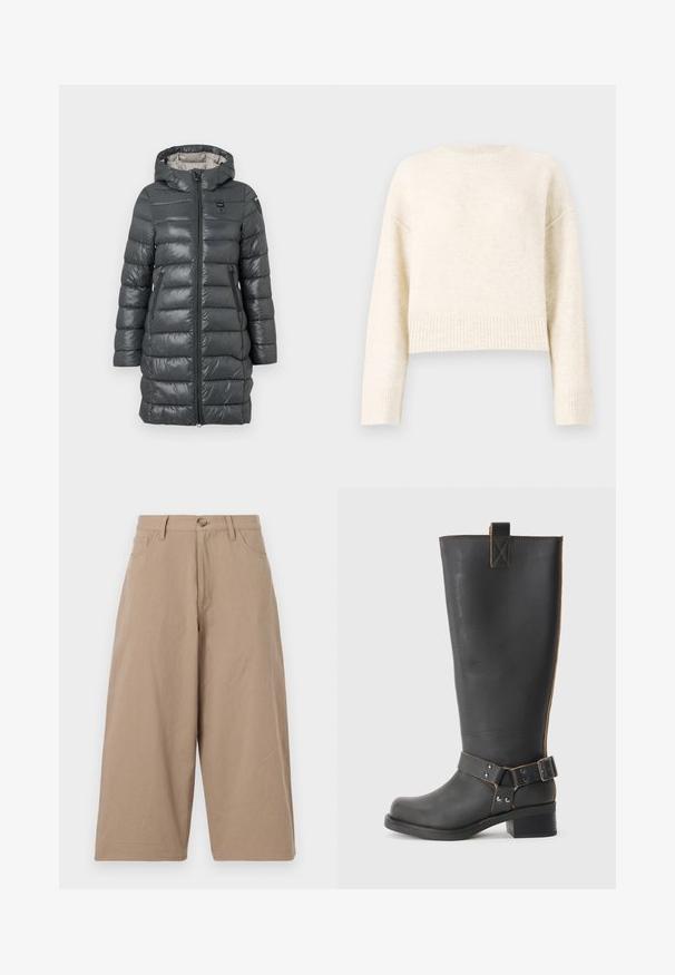 Grauer Puffer-Mantel mit Kapuze, ausgestattet mit einem Reißverschluss vorne, Seitentaschen und gestepptem Design. Das Material hat eine glänzende Oberfläche.; Cremfarbener, verkürzter Pullover aus einem weichen, strukturierten Stoff. Mit rundem Ausschnitt und gerippten Bündchen sowie überschnittenen Schultern für eine lässige Passform.; Beige weite Baumwollhosen mit hoher Taille, frontalen Taschen und einer einzelnen Knopfverschluss. Glatte Textur und gerader Schnitt.; Schwarze Leder-Stiefel bis zum Knie mit strukturiertem Finish, seitlichem Schnallenakzent und niedrigem Absatz. Detaillierte Steppnähte entlang der Nähte.