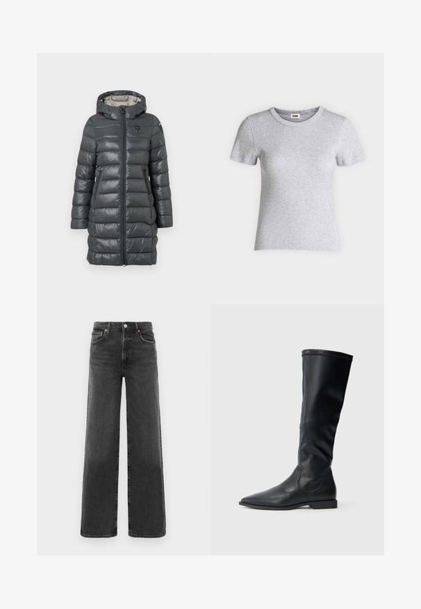 Grauer Puffer-Mantel mit Kapuze, ausgestattet mit einem Reißverschluss vorne, Seitentaschen und gestepptem Design. Das Material hat eine glänzende Oberfläche.; Hellgraues, tailliertes T-Shirt mit kurzen Ärmeln und Rippstruktur, rundem Ausschnitt und kleinem Markenlabel innen am Kragen.; Schwarze, hochtaillierte, gerade geschnittene Jeans aus Denim mit vorderem Knopf und Reißverschluss, zwei vorderen Taschen und zwei hinteren Taschen.; Schwarze kniehohe Stiefel aus glattem Leder mit spitz zulaufender Zehenpartie und niedrigem Blockabsatz. Das Design besticht durch eine schlanke Silhouette und minimale Details.