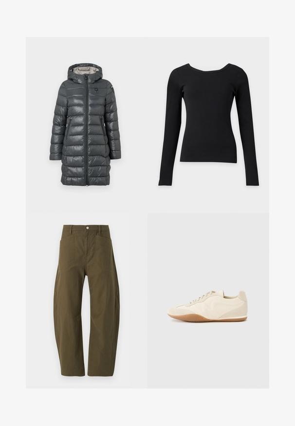Grauer Puffer-Mantel mit Kapuze, ausgestattet mit einem Reißverschluss vorne, Seitentaschen und gestepptem Design. Das Material hat eine glänzende Oberfläche.; Schwarzes, eng anliegendes Langarmshirt mit weitem rundem Ausschnitt und gerippter Struktur auf schlichtem hellem Hintergrund.; Hoch taillierte olivgrüne Hose mit weitem Bein, Fronttaschen, Gürtelschlaufen und Knopfverschluss am Taillenbund.; Hellbeige Sneaker mit strukturiertem Lederupper, strukturierten seitlichen Einsätzen und einer Gummisohle. Verfügt über ein schlankes, stromlinienförmiges Design und flache Schnürsenkel.