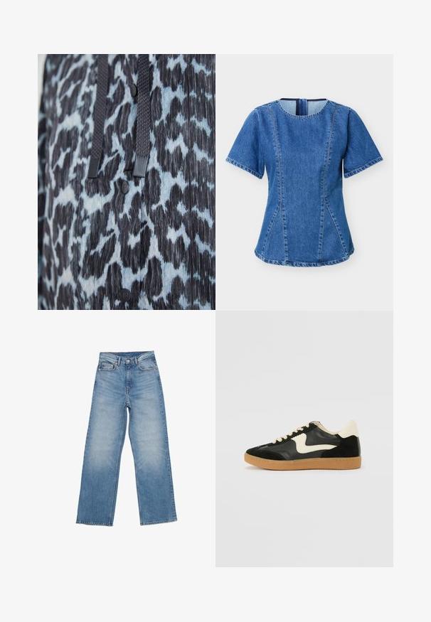 Nærbillede af sort og blå dyreprintstof med sorte knapper og mørke flettede snore.; Kortærmet blå denim top med rund halsudskæring, lodrette sømdetaljer og skjult lynlås bagpå.; Lyseblå denimjeans har en lige ben design, fem lomme stil og en knaplukning. Stoffet har en falmet tekstur.; Sorte ruskinds- og lædersneakers med en cremefarvet side-swoosh og lys cremefarvet hæl. Har beige snørebånd og en gummirubber-sål.