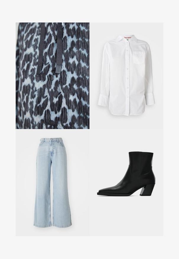 Nahaufnahme von schwarzem und blauem Tiermusterstoff mit schwarzen Knöpfen und dunklen geflochtenen Zugkordeln.; Weißes Langarmhemd mit Kragen und Brusttasche, vor einem schlichten Hintergrund präsentiert.; Hellblaue, weit geschnittene Jeans aus Denim. Merkmale sind eine hohe Taille, ein Verschluss mit vorderem Knopf und zwei seitlichen Taschen. Abgerissene Textur entlang der Kanten.; Schwarze Leder-Stiefelette mit spitzem Zeh, schlanker Silhouette und klobigem quadratischem Absatz. Glatte Textur mit minimalen Nähdetails.