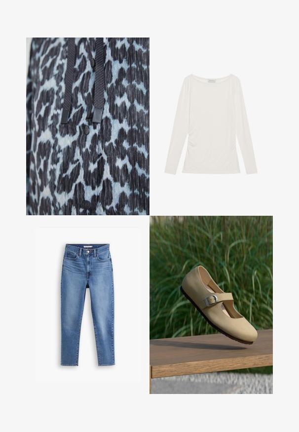 Nahaufnahme von schwarzem und blauem Tiermusterstoff mit schwarzen Knöpfen und dunklen geflochtenen Zugkordeln.; Weißes Langarmshirt aus weichem Stoff, mit rundem Halsausschnitt und gerafften Details an den Seiten für zusätzliche Textur.; Blaue, hochgeschnittene Damenjeans mit vorderem Knopf- und Reißverschluss, Gürtelschlaufen und Fünf-Taschen-Design, flach auf weißem Hintergrund.; Beiger Mary Jane Schuh mit silberner Schnalle, der über einer Holzbank schwebt, im Hintergrund unscharfes grünes hohes Gras.