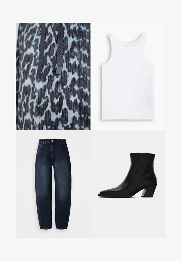 Primer plano de tela con estampado animal en negro y azul, con botones negros y cordones trenzados oscuros.; Top sin mangas de algodón blanco con tirantes anchos, escote redondo y una textura lisa y acanalada. Sin patrones ni adornos.; Vaqueros de mezclilla azul oscuro con un corte relajado, cintura alta, diseño de pierna recta y estilo clásico de cinco bolsillos.; Bota de tobillo de cuero negro con punta afilada, una silueta elegante y un tacón cuadrado grueso. Textura suave con detalles de costura mínimos.