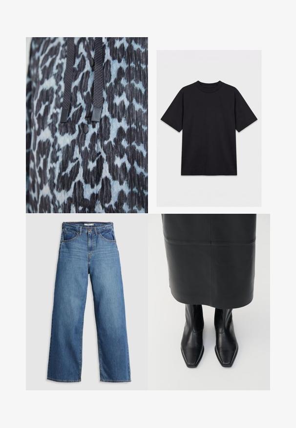 Nahaufnahme von schwarzem und blauem Tiermusterstoff mit schwarzen Knöpfen und dunklen geflochtenen Zugkordeln.; Schwarzes, kurzärmeliges T-Shirt mit Rundhalsausschnitt, flach auf einem weißen Hintergrund liegend, Vorderansicht, ohne sichtbare Logos oder Designs.; Blaue Denim-weite Jeans mit hohem Bund, ausgestattet mit fünf Taschen, kontrastierenden Nähten und einem Reißverschluss.; Schwarze Lederstiefel mit hohem Schaft und quadratischer Zehenform sowie seitlichem Reißverschluss. Glatte Textur und minimales Zubehör; kombiniert mit einem schwarzen Lederrock.