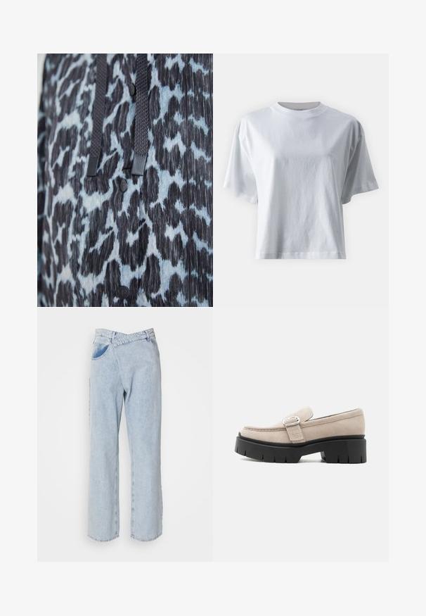 Nærbillede af sort og blå dyreprintstof med sorte knapper og mørke flettede snore.; IVY OAK IOKYLA - T-shirts basic - bright white; Lyseblå denimjeans med relaxet pasform, bred benedesign, synlige syninger og bæltestropper. Indeholder to sidelommer.; Beige ruskindslipper med sølvspænde og tyk sort kraftig sål, set fra siden på hvid baggrund.