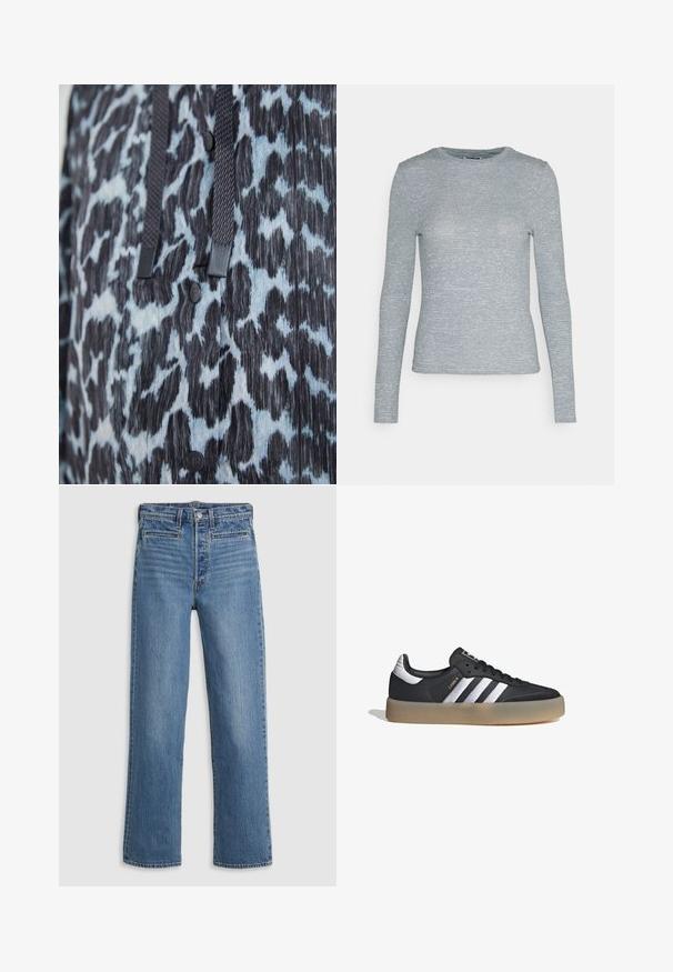 Primer plano de tela con estampado animal en negro y azul, con botones negros y cordones trenzados oscuros.; Noisy May NMTINO - Camiseta de manga larga - pearled ivory/navy; Jeans de mezclilla de corte recto en azul claro. Sus características incluyen una bragueta con botones, cinco bolsillos y un ligero desgaste. Sin adornos ni patrones.; Zapatilla deportiva de cuero negro con tres rayas plateadas, punta texturizada y suela de goma. Cuenta con un collar acolchado y un diseño con cordones.