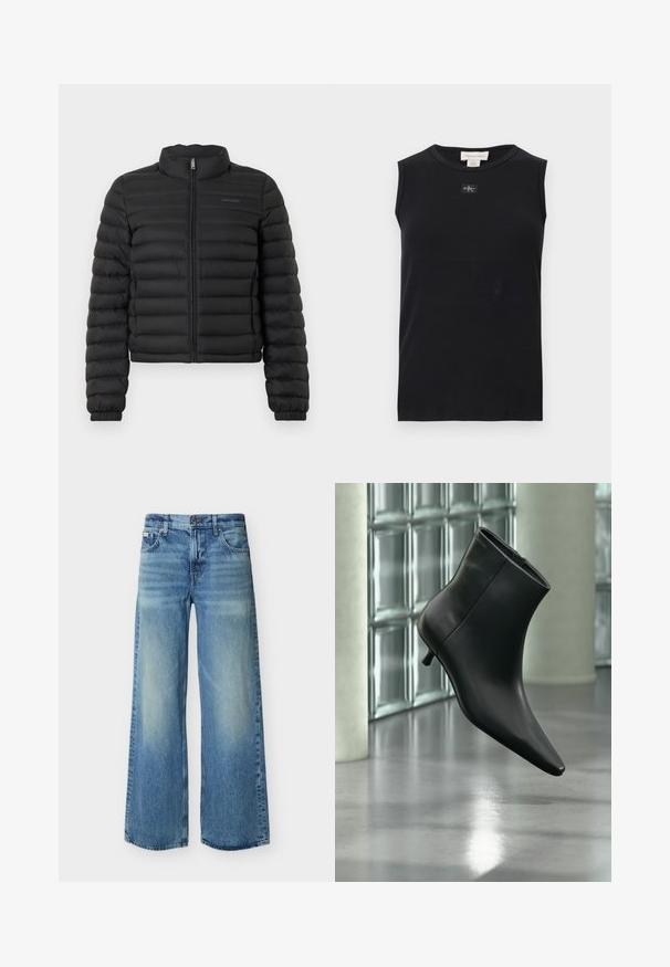 Veste matelassée noire avec col montant, fermeture éclair et design matelassé. Comprend des poignets élastiques et une coupe courte. Logo sur la poitrine.; Débardeur côtelé noir sans manches avec encolure ronde et petite écusson du logo Calvin Klein centré sous le col.; Jean large à jambes larges bleu clair avec bouton et fermeture éclair à l'avant, poches avant et arrière, et une subtile décoloration sur les cuisses et les genoux.; Bottine en cuir noir à bout pointu et petit talon kitten, présentée en angle devant un sol poli et un mur en blocs de verre.