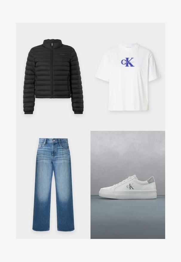 Veste matelassée noire avec col montant, fermeture éclair et design matelassé. Comprend des poignets élastiques et une coupe courte. Logo sur la poitrine.; T-shirt blanc à manches courtes en coton avec un col rond, arborant un logo "CK" bleu et un texte imprimé en bleu contrastant.; Jean denim bleu à jambes droites avec fermeture à boutons et glissière, design à cinq poches et délavage sur les cuisses et les genoux.; Baskets en cuir blanc avec une semelle plate, présentant un subtil accent gris au talon et un logo 'CK' bien en vue sur le côté.