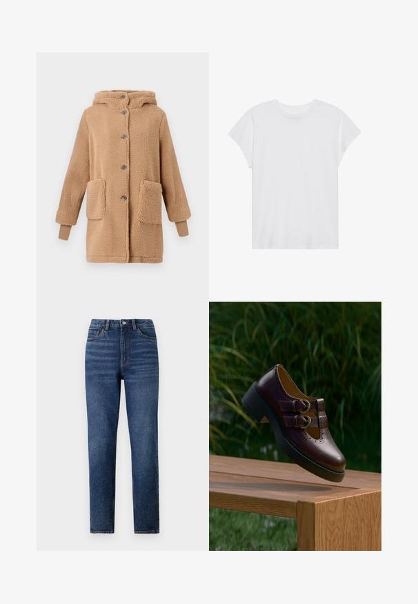 Manteau en polaire beige avec capuche, fermeture à boutons sur le devant, deux poches avant et poignets côtelés. Texture douce et design confortable.; T-shirt blanc à manches courtes, col rond, coupe décontractée, en tissu de coton doux. Texture lisse, sans motifs ni logos.; Jeans en denim bleu taille haute avec une coupe droite, présentant un léger délavage, une fermeture à un bouton et un design à cinq poches.; Chaussure en cuir marron foncé avec double boucle, détails perforés et semelle noire épaisse, suspendue au-dessus d'une table en bois à l'extérieur.