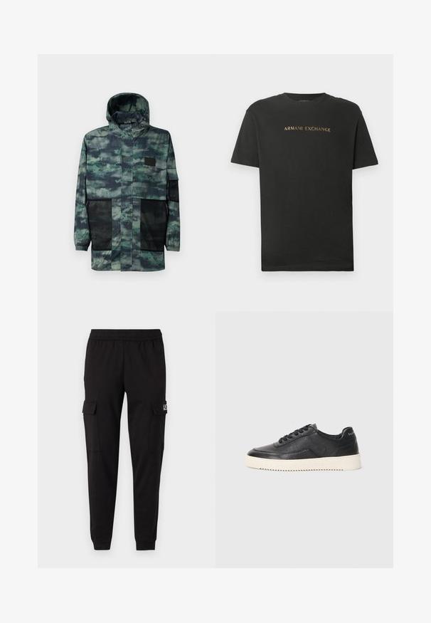 Waterdichte jas in groen camouflagepatroon, met mesh zijzakken, een trekkoordcapuchon en een voorzijde met ritssluiting en flapsluiting.; Zwarte korte mouwen t-shirt met ronde hals, met "ARMANI EXCHANGE" in gouden letters op de borst gedrukt.; Zwarte cargobroek met een elastische tailleband, twee zijzakken en logo-opdruk aan de linkerkant. Soepele textuur, taps toelopend bij de enkels.; Zwarte leren sneaker met een gestructureerde afwerking, ronde neus en platte witte rubberen zool. Voorzien van zwarte veters en merklabel op de hiel.