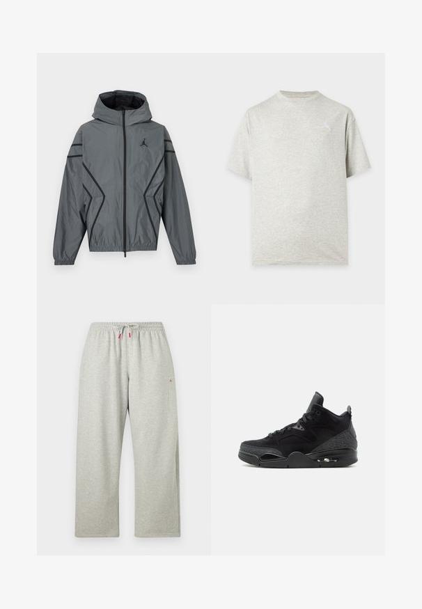 Veste coupe-vent grise à capuche avec fermeture éclair frontale, lignes d'accent noires, poignets élastiques, poches latérales et petit logo noir sur la poitrine.; T-shirt gris clair à col rond et manches courtes avec un petit logo discret sur le haut gauche de la poitrine sur un fond uni.; Pantalon de jogging gris clair, coupe ample, avec taille élastique et cordon blanc aux extrémités rouges, avec un petit logo rouge sur le haut de la cuisse.; Baskets montantes noires avec lacets à l'avant, panneaux latéraux à motifs, unité de semelle à air visible et col de cheville rembourré sur fond blanc.