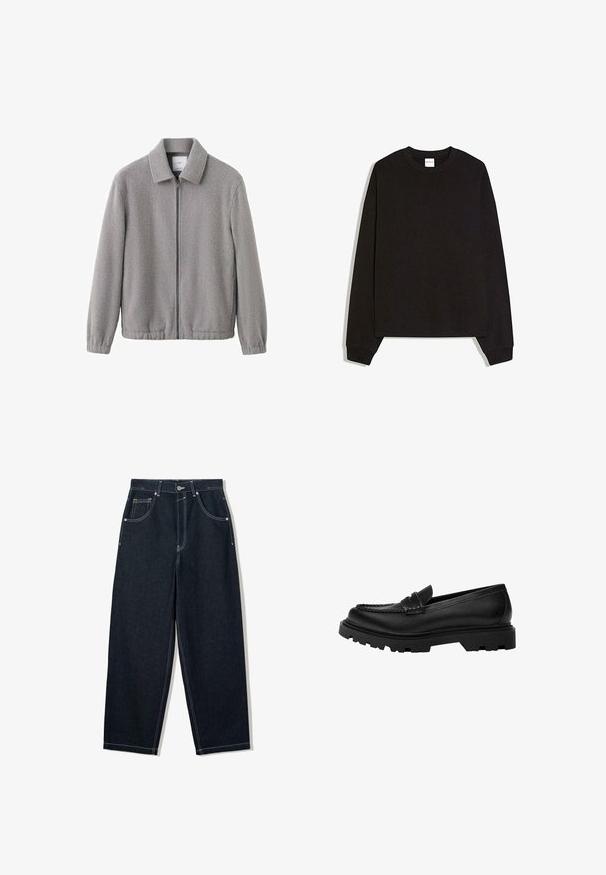 Veste en polaire grise avec fermeture éclair à l'avant, col avec revers, poignets élastiques et surface légèrement texturée. Design simple et décontracté.; Sweat-shirt noir à manches longues en coton doux. Dispose d'un col rond, de poignets côtelés, et d'une coupe ample avec un design minimaliste.; Jean en denim foncé à jambes larges avec des coutures blanches contrastées, cinq poches et une fermeture bouton. Présente un design taille haute.; Mocassin en cuir noir avec une semelle robuste et texturée. Présente un bord décoratif en couture et un petit talon pour un design contemporain.