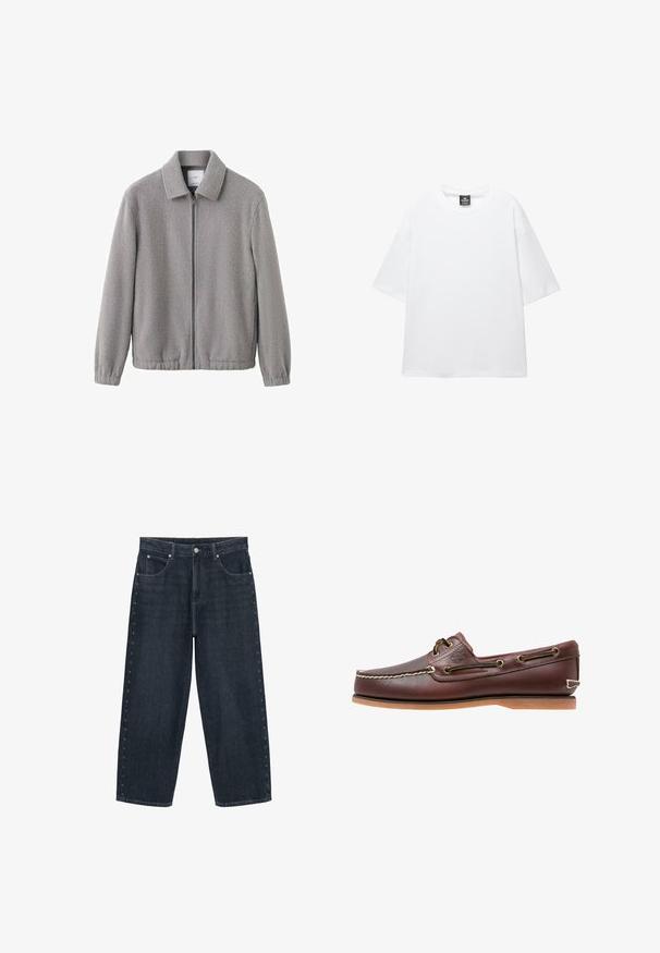 Veste en polaire grise avec fermeture éclair à l'avant, col avec revers, poignets élastiques et surface légèrement texturée. Design simple et décontracté.; T-shirt blanc surdimensionné avec des manches courtes, un col rond et un tissu en coton doux. Présente une étiquette noire au niveau du cou. Sans motifs ni accents.; Jean large à jambes larges bleu foncé avec poches avant, fermeture à boutons, et petites décorations en forme d'étoiles le long des coutures extérieures des deux jambes.; Chaussure bateau en cuir marron avec coutures blanches, détails de lacets et semelle en caoutchouc beige, vue de côté sur fond blanc.
