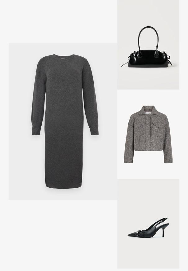 Graue kurz geschnittene Jacke aus strukturiertem Wollstoff, mit spitzem Kragen, zwei Fronttaschen und geradem Schnitt.; Dunkelgraues Strickkleid mit langen Ärmeln, rundem Ausschnitt und gerippten Bündchen. Knielang und mit glatter Textur. Einfaches Design ohne Muster.; Schwarzer Leder Slingback-Pumps mit spitzer Vorderkappe und einem Schnallen- und Ösenriemen vorne.; Kleine schwarze glänzende Handtasche mit zwei langen Griffen und seitlichen Kordelzug-Details vor einfachem hellem Hintergrund.