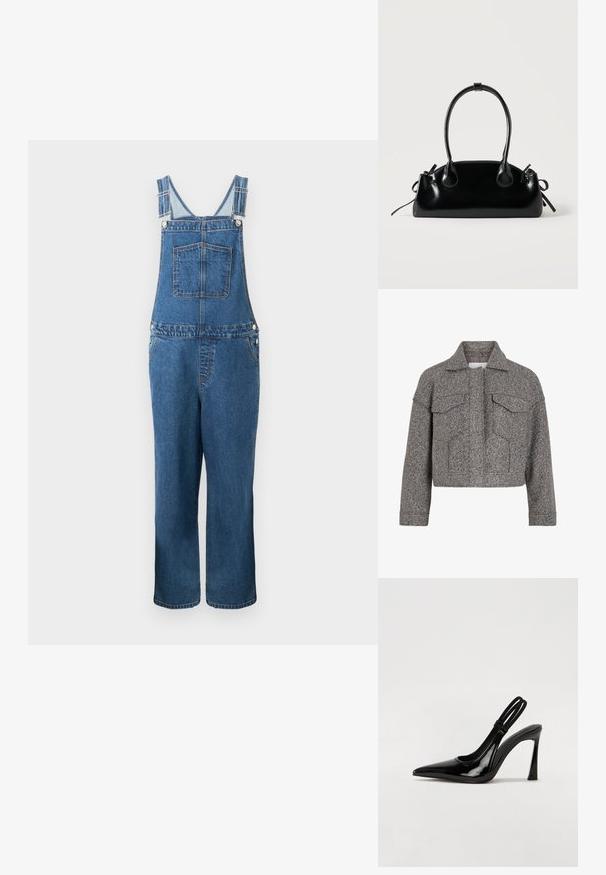 Grå cropped jakke lavet af struktureret uld, med spidse krave, to frontlommer og lige snit.; Denim overalls med justerbare stropper, en frontlomme og sidelommer. Farven er en mellemblå med en let falmet struktur.; Sorte patenterede lædersædler med spidse tæer, slank høj hæl og dobbelt elastisk rem for sikker pasform. Glat, skinnende overflade.; Lille sort blank håndtaske med to lange håndtag og snøre-detaljer i siden på en ensfarvet lys baggrund.