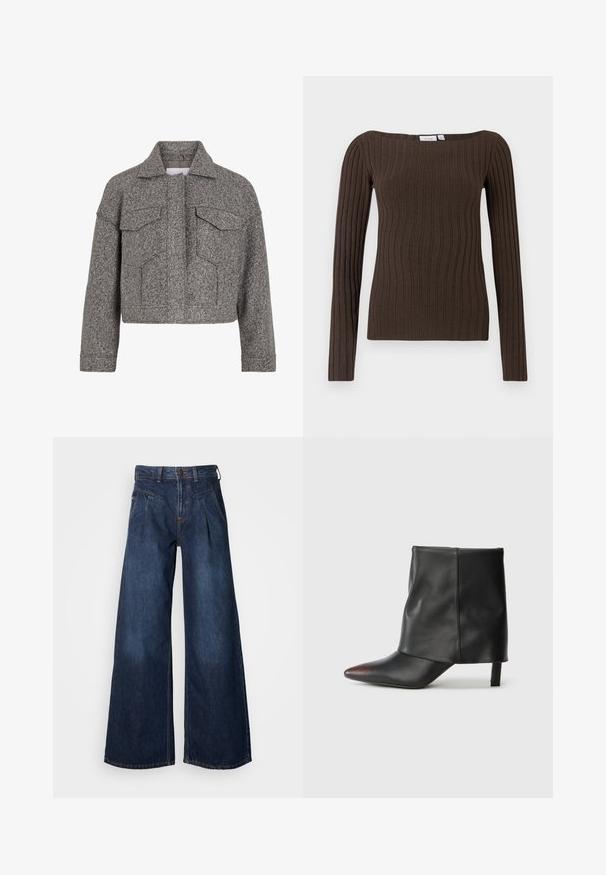 Grå cropped jakke lavet af struktureret uld, med spidse krave, to frontlommer og lige snit.; Brun ribstrikket langærmet top med firkantet udskæring og tætsiddende design, lavet af blødt strikstof for komfort.; Bredde ben mørke denim jeans med høj talje, der har frontfolder og subtile syninger. Glat tekstur, afslappet design.; Sort ankelstøvle lavet af glat læder med spids tå og tilspidset hæl. Overdelen har et let rynket design.