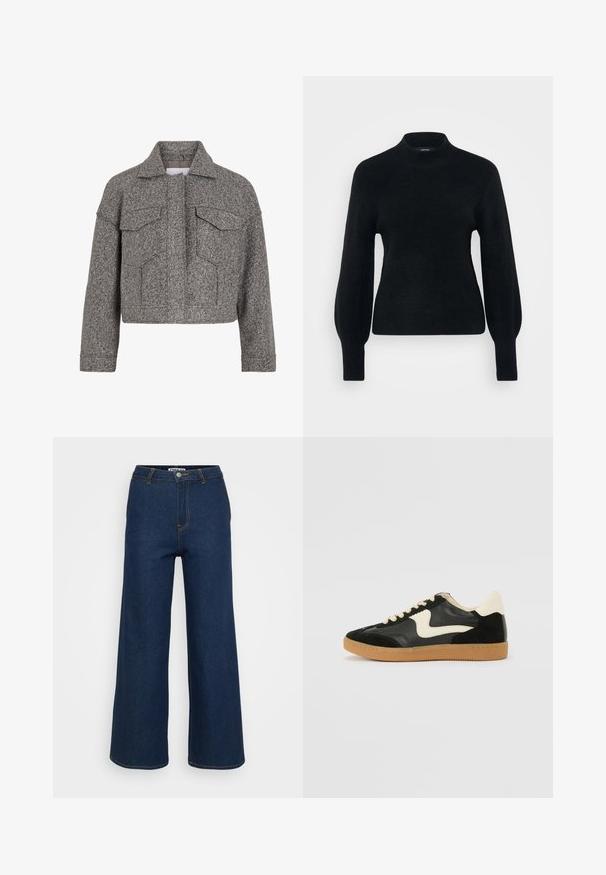 Graue kurz geschnittene Jacke aus strukturiertem Wollstoff, mit spitzem Kragen, zwei Fronttaschen und geradem Schnitt.; Vero Moda Petite VMPIPPA HIGHNECK - Strickpullover - black; Weite Jeanshose in Dunkelblau mit kontrastierenden gelben Nähten, hoher Taille und Knopfverschluss. Glatte Textur und klassisches Design.; Schwarze Wildleder- und Leder-Sneaker mit einem cremefarbenen Seiten-Swoosh und einer hellcremefarbenen Ferse. Ausgestattet mit beige Schnürsenkeln und einer Gummilaufsohle.