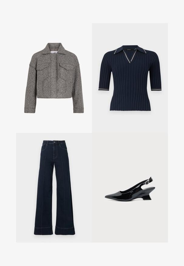 Graue kurz geschnittene Jacke aus strukturiertem Wollstoff, mit spitzem Kragen, zwei Fronttaschen und geradem Schnitt.; Marineblaues kurzärmliges, geripptes Strickoberteil mit V-Ausschnitt und Kragen mit weißem Besatz an Kragenrändern und Ärmelbündchen.; Dunkelblaue, weit geschnittene Jeans mit hoher Taille, die über Fronttaschen und sichtbare Nähte verfügt. Aus Denim-Stoff mit glatter Textur gefertigt.; Schwarzer Slingback-Schuh aus Lackleder mit spitzer Spitze und niedrigem, schrägem Blockabsatz auf einfachem hellem Hintergrund.