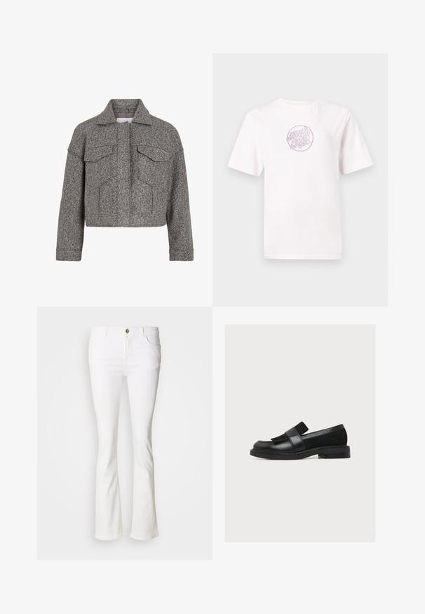 Grå cropped jakke lavet af struktureret uld, med spidse krave, to frontlommer og lige snit.; Hvid bomulds t-shirt med korte ærmer, der har et cirkulært pink broderet logo med stiliseret tekst i midten.; Hvide, udvidede jeans med fem lommer, knap- og lynlåslukning samt synlige syninger. Fremstillet af denimstof med en glat tekstur.; Sort læderloafer med lav hæl og ruskindspaneler, med bred rem over toppen og rundet tå.