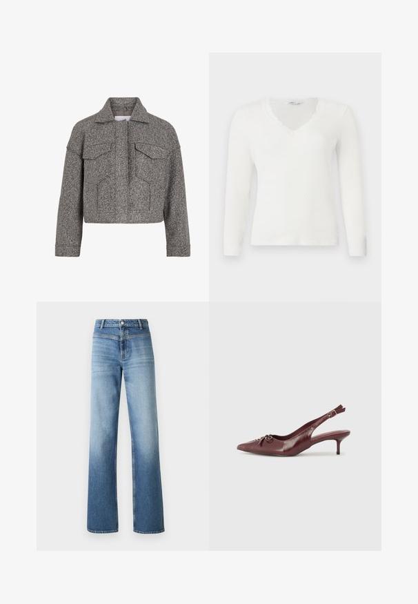Grijze cropped jas van textuurwol, met een spitse kraag, twee voorzakken en een rechte snit.; Witte geribbelde longsleeve met V-hals en kantafwerking rond de kraag, plat gelegd op een witte achtergrond.; Lichtblauwe denim jeans met een hoge taille, rechte pijpen, vervaagde was en klassieke vijf-pocket stijl. Afgewerkt met een knoopsluiting.; Bordeaux leren slingback hak met een spitse neus, verstelbare band en decoratieve strikdetails aan de voorkant. Hakhoogte van 7,5 cm.