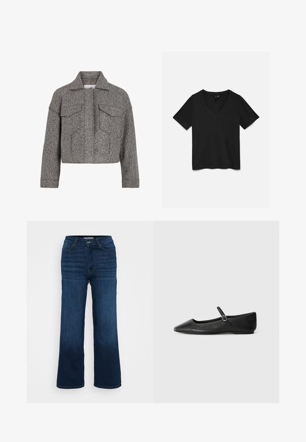 Grå cropped jakke lavet af struktureret uld, med spidse krave, to frontlommer og lige snit.; Sort kortærmet V-hals T-shirt lagt fladt ud, der viser forsiden med enkelt design uden synlige mønstre eller logoer.; ONLY Petite ONLMADISON BLUSH WIDE - Wide leg - dark blue denim; Sorte læder balletflade med spids tå, flad sål og en lille spænde rem over anklen for en sikker pasform.
