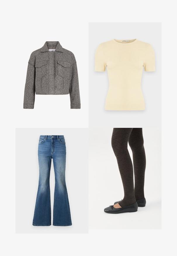 Grijze cropped jas van textuurwol, met een spitse kraag, twee voorzakken en een rechte snit.; Lichtgele geribbelde T-shirt met korte mouwen en een ronde halslijn, met een aansluitende pasvorm, zachte textuur en minimalistisch ontwerp.; Hoggewaisted, uitlopende blauwe spijkerbroek met een vervaagde wassing, voorzien van twee achterzakken, een knoopsluiting en gestikte details op de naden.; Benen met donkere geribbelde leggings gecombineerd met zwarte ballerina's met kleine strikdetails op een witte achtergrond.