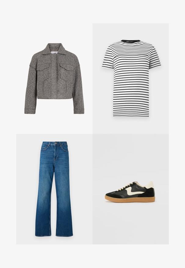Grå cropped jakke lavet af struktureret uld, med spidse krave, to frontlommer og lige snit.; Sort-hvid stribet t-shirt lavet af blødt stof. Har en rund halsudskæring og korte ærmer, med jævnt fordelte vandrette striber.; Bredde ben blå denim jeans med høj talje, lys falmning og klassisk fem-lomme design; har guldfarvet metal hardware og stikninger i kanten.; Sorte ruskinds- og lædersneakers med en cremefarvet side-swoosh og lys cremefarvet hæl. Har beige snørebånd og en gummirubber-sål.