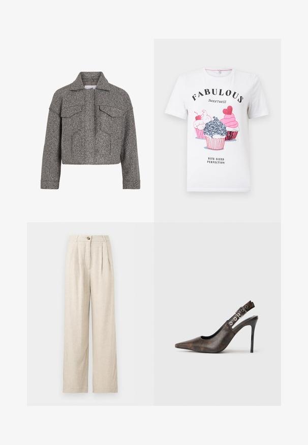 Grå cropped jakke lavet af struktureret uld, med spidse krave, to frontlommer og lige snit.; Hvid t-shirt med korte ærmer med tre farverige cupcake-illustrationer, teksten "FABULOUS SWEETNESS" over og "BITE-SIZED PERFECTION" under.; Beige linnedbukser med høj talje, vide ben, knaplukning og frontnederdele, designet til en afslappet pasform.; Brune læder slingback højhælede sko med spids tå, justerbar spænde og sort stiletto hæl på ensfarvet baggrund.