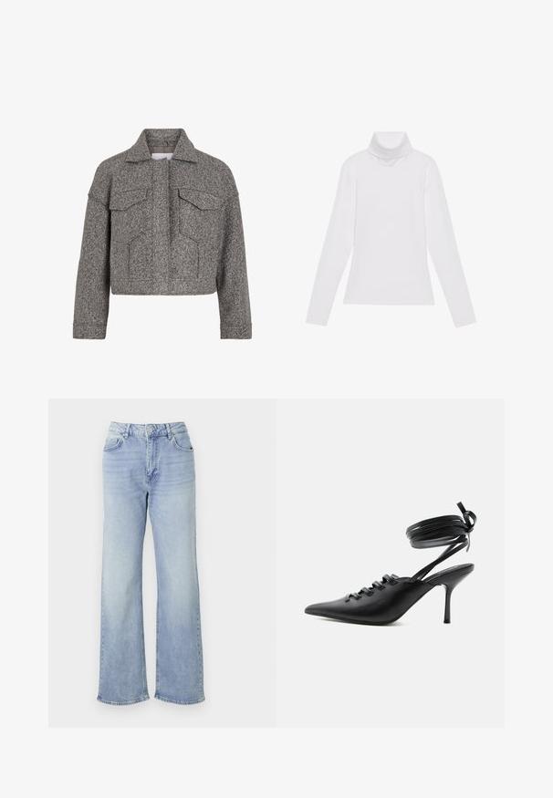 Graue kurz geschnittene Jacke aus strukturiertem Wollstoff, mit spitzem Kragen, zwei Fronttaschen und geradem Schnitt.; Weißes Langarm-Turtleneck-Oberteil aus glattem, elastischem Stoff. Mit hohem Kragen und tailliertem Schnitt, ohne sichtbare Muster oder Verzierungen.; Helle blaue Wide-Leg-Jeans aus Denim, mit hohem Bund, fünf Taschen und einem Saum mit dezenten Fransen.; Schwarzer spitzer High-Heel-Schuh mit Schnürung vorne und wickelnden Knöchelriemen, die zu einer Schleife gebunden sind, von der Seite auf weißem Hintergrund gezeigt.