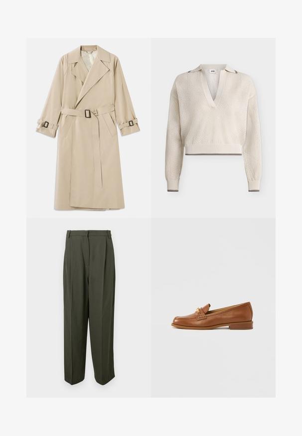 Beige trenchcoat lavet af glat stof med en bred krave, bælte med rektangulær spænde og justerbare manchetbånd.; Cremefarvet striktrøje med lange ærmer, dyb V-udskæring, skjortekrave, ribbede manchetter og kant samt diskrete brune detaljer.; Olivengrønne bukser lavet af et glat stof, med høj talje, plisseret front og vidde ben silhuet. Ingen synlige lommer eller udsmykninger.; Brun læderloafer med rundet tå, dekorativ strop og lille hæl. Glat tekstur, subtile syningsdetaljer og guldfarvede metalbeslag.
