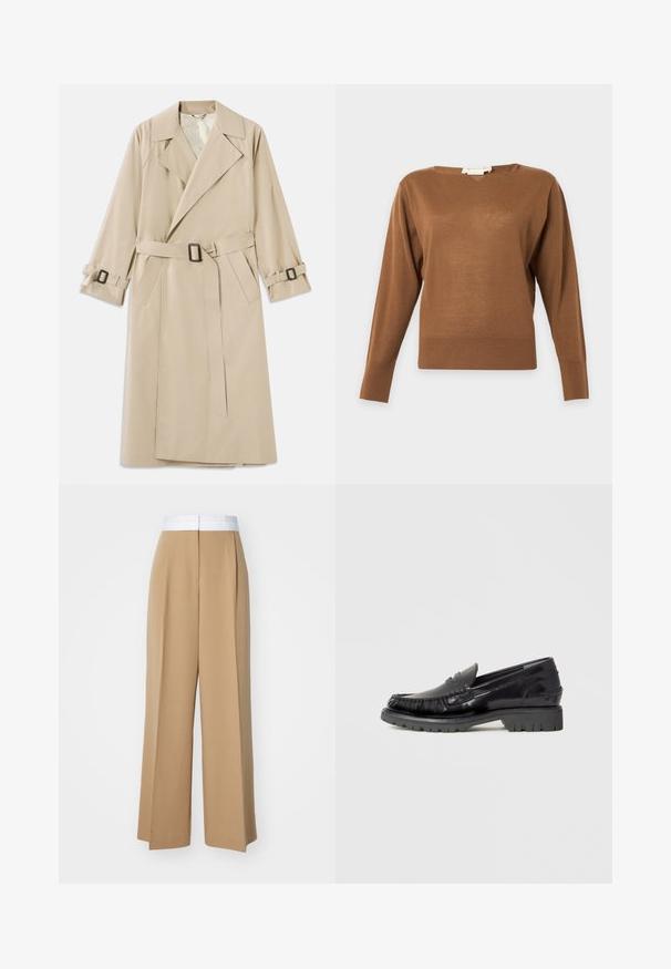 Beige trenchcoat van gladde stof, voorzien van een brede kraag, een riem met een rechthoekige gesp en verstelbare mouwbanden.; Bruine trui met lange mouwen en ronde hals, met een eenvoudig, aansluitend ontwerp en geribbelde boorden en zoom, afgebeeld op een neutrale achtergrond.; Brede broek van lichtbruin stof met een contrasterende witte tailleband. Kenmerkt zich door strakke lijnen en geen zichtbare patronen of versieringen.; Zwarte leren loafer met een bovenwerk in mocassinstijl, gestructureerde franjes en een dikke zwarte rubberen zool. Gladde afwerking, ronde neus.