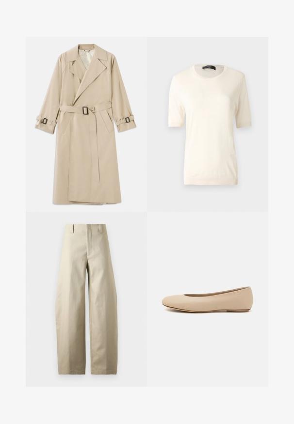 Beige trenchcoat lavet af glat stof med en bred krave, bælte med rektangulær spænde og justerbare manchetbånd.; Kortærmet, cremefarvet striktrøje med rund halsudskæring, ribbede ærmekanter og kant, vist mod en ensfarvet grå baggrund.; Beige bukser med høj talje og vide ben, med bæltestropper, lynlås foran og en glat, struktureret stoffinish.; Beige læder balletflade med afrundet tå, minimal sømdetaljering, lav hæl og subtilt logo på bagsiden. Glat, mat tekstur.