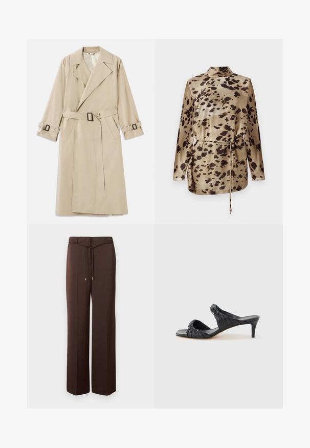 Beige trenchcoat lavet af glat stof med en bred krave, bælte med rektangulær spænde og justerbare manchetbånd.; Leopardmønstret langærmet bluse i beige satin med krave, snøring i taljen og en glat, blank overflade.; Brune bukser med vide ben og et slankt stofbælte bundet i taljen med metalbeklædte ender, vist mod en ensfarvet hvid baggrund.; Sorte hælede sandaler med firkantet tå, lavet af glat læder. Har samlet remme og en slank hæl for ekstra højde.