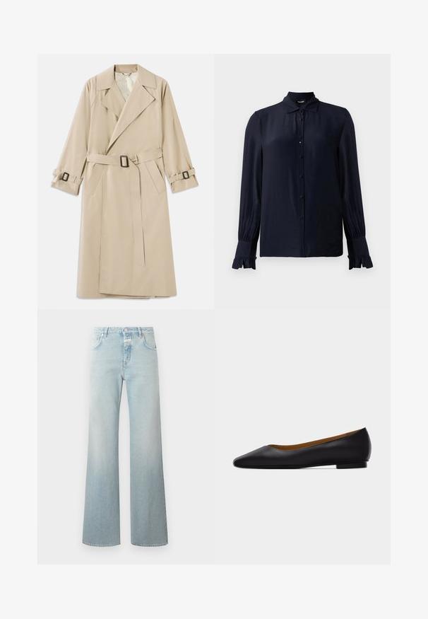 Beige trenchcoat van gladde stof, voorzien van een brede kraag, een riem met een rechthoekige gesp en verstelbare mouwbanden.; Navyblauwe blouse van gladde stof, met een puntige kraag, knoopsluiting aan de voorkant en gerimpelde mouwen. Lange mouwen met een lichte gathering.; CLOSED GILLAN - Wide leg - light blue; Zwarte leren puntschoen met lage hak en gladde afwerking, zijaanzicht op een lichtgrijze achtergrond.