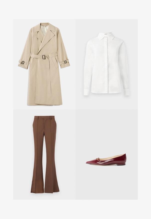 Beige trenchcoat lavet af glat stof med en bred krave, bælte med rektangulær spænde og justerbare manchetbånd.; Hvid langærmet skjorte lavet af glat bomuld, med spidse kraver, central knaplukning og lige skæring i kanten med knapne kufferter.; Brune klokkeformedebukser lavet af glat stof, med flad front, bæltestropper og en skræddersyet pasform med subtile folder.; Bordeaux patenteret læderballerinaer med spids tå, der har en lille udskæring og en lav hæl. Glat tekstur og elegant design.