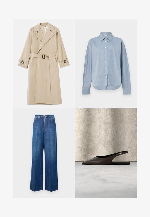 Beige trenchcoat lavet af glat stof med en bred krave, bælte med rektangulær spænde og justerbare manchetbånd.; Lyseblå skjorte med knapper i let stof, der har spids krave, lange ærmer og en buet kant. Klassiske knapdetaljer.; Bredde ben denimjeans i mørkeblå, med høj talje, knaplukning og klassisk syning. Glat tekstur med en let falming.; Mørkebrun læder sandalette med spids tå og flad hæl med guldbeslag, placeret på beige tæppe nær et rundt træbord.