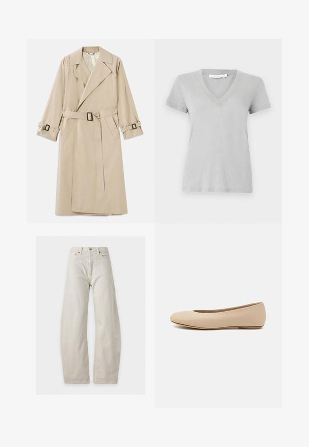 Beige trenchcoat lavet af glat stof med en bred krave, bælte med rektangulær spænde og justerbare manchetbånd.; Grå t-shirt med V-hals lavet af blødt, let stof med korte ærmer og en let afslappet pasform. Har et enkelt, rent design.; Off-white, højtaljede vide jeans med forlommer, bæltestropper, knaplukning og synlige syninger på en ensfarvet baggrund.; Beige læder balletflade med afrundet tå, minimal sømdetaljering, lav hæl og subtilt logo på bagsiden. Glat, mat tekstur.