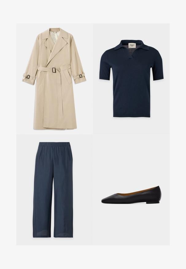 Beige trenchcoat lavet af glat stof med en bred krave, bælte med rektangulær spænde og justerbare manchetbånd.; Marineblå strikskjorte med korte ærmer, lille åben krave og V-hals, vist på en ensartet lysegrå baggrund.; Mørkeblå viddebukser med elastik i taljen og ingen synlige lommer på en ensfarvet lys baggrund.; Sort læder flad sko med spids tå, lav hæl og glat finish, vist fra siden på en lysegrå baggrund.