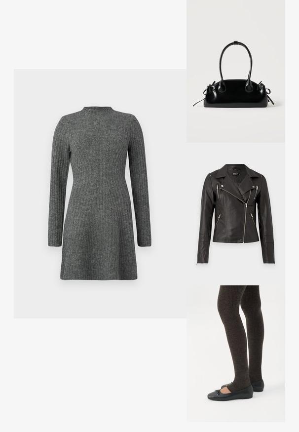Chaqueta de motocicleta de cuero negro con un diseño ajustado, cremallera frontal asimétrica y tres bolsillos con cremallera. Incluye hombreras en los hombros.; Vestido de canalé hasta la rodilla en gris oscuro, con mangas largas y escote alto, fabricado en un suave tejido texturizado.; Piernas con leggings oscuros acanalados combinados con bailarinas negras que presentan pequeños detalles de lazo sobre un fondo blanco.; Pequeño bolso negro brillante con dos asas largas y detalles de cordón lateral sobre un fondo claro liso.